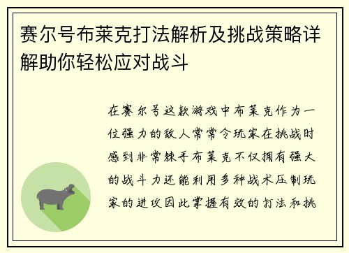 赛尔号布莱克打法解析及挑战策略详解助你轻松应对战斗
